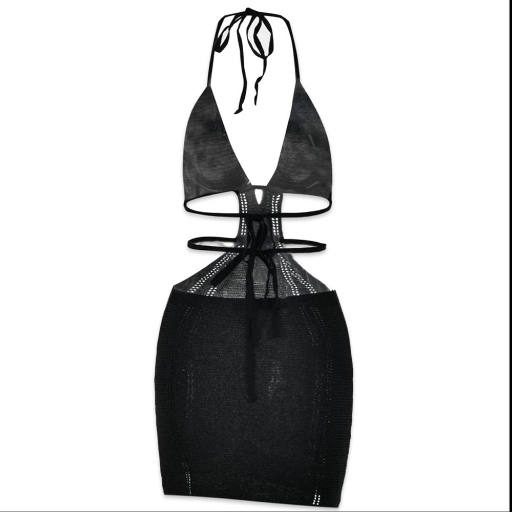 Black Halter Cutout Crochet Knit Mini Dress | Small | NWOT bl - Picture 3 of 5